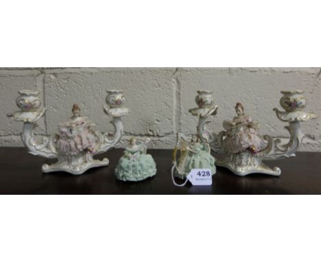 Pair of “Irish Dresden” Simone Candelabra, a pair of “Irish Dresden” harp players & 4 porcelain pieces – water can, swan, dis