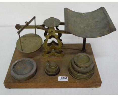 Brass Postal Weighing Scales with graduating weights, 15”w