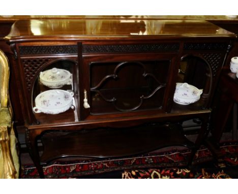 Edw. Mahogany Side Cabinet, with fretwork and internal shelves, stretcher shelf 48”w x 42”