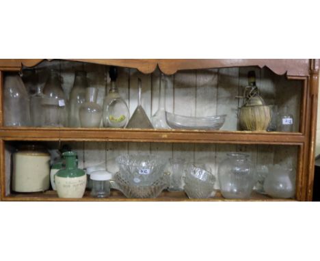 Top Two Shelves of Glassware and bottom shelf of glass items incl. Vases, lamp shades, bottles etc