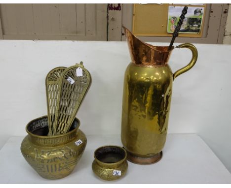 Brass Stick Stand with copper top (handle dam), 2 brass jardineres, fire screen etc