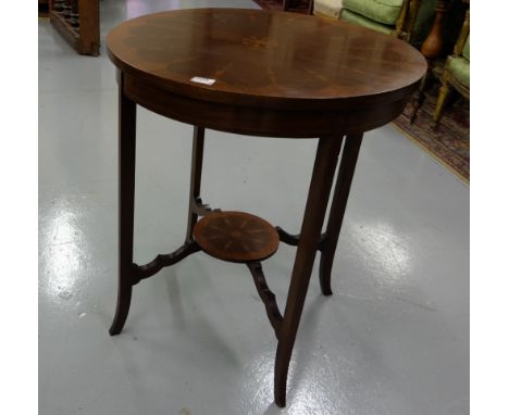 Edwardian Mahogany Occasional Table, the circular top inlaid with satinwood tassels, on tapered legs, with circular stretcher