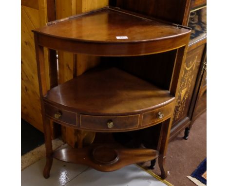 Georgian Mahogany Corner Washstand, the hinged top enclosing basin compartments, stretcher shelf with apron drawer, 32”h