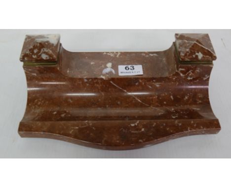 Art deco red marble inkwell stand with two ink compartments, 11”w