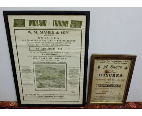5 Roscrea related pictures – poster of Jimmy Fahy concert 1960, oil of Rosemary St, WM Maher Centenary Poster, “Save the Dame