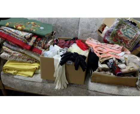 Bundle of coloured table cloths, box of hats and white leather gloves, sewing materials and tapestry panels