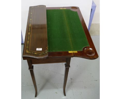 Edwardian Envelope Card Table, the shaped top inlaid with satinwood and pink flowers, over tapered legs, 29.5”h, extends to 2