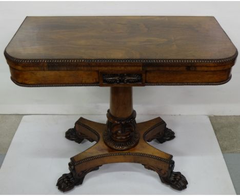 Georgian Rosewood Card Table, the fold-over top bordered with beaded mouldings, with a decorative apron, on a central pod and
