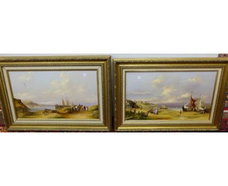 Matching Pair of Oil Paintings – fishing and coastal scenes, signed K Daughan, in gilt frames each 25”w & a Pair of Oils – ri