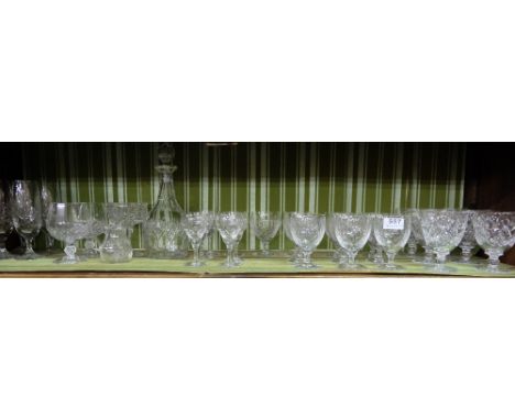 Shelf of Glassware incl. sets of wine glasses (some stamped England) champagne glasses, decanter