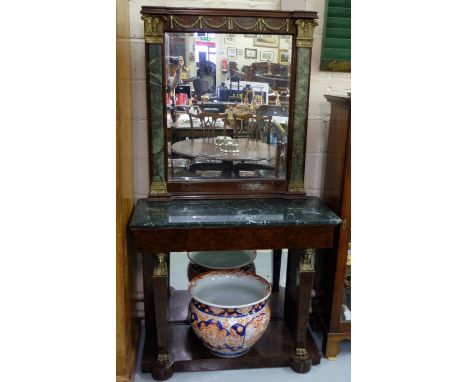 Empire Style Console Table with Mirror Back, the mirror decorated with mounted brass swags and green marble pillars, over a g