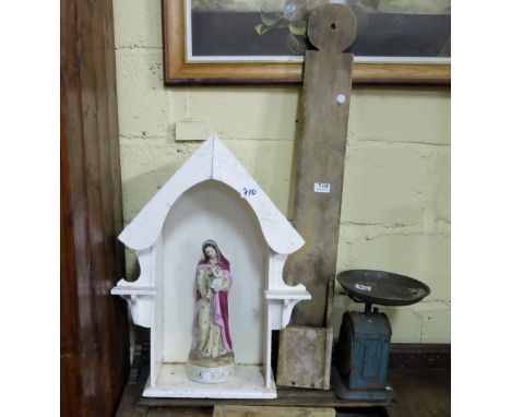Statue of Mary, in a pine alcove, antique pine candle holder & metal scales (damaged) (3)