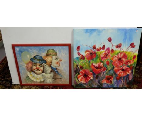 Oil on Canvas, portrait of Clowns, signed Moninet, 10" w & 20th C America 'Poppy Boundary Fence, 24"X24" signed Deirdre Mac A