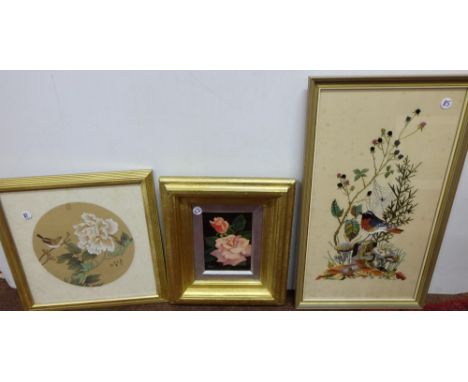 3 pictures – Bullfinch, Silk Needlecraft on Panel 50X27cm, early 20th C. Dutch 'Prize Bloom' Oil on Canvas 6"X4w", signed Ley