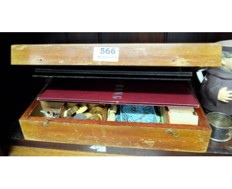 1950’s games box with chess board, 2 silver serviette rings & Goebel figure of a monk (4)