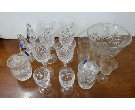 Shelf of Cut Glass incl. 4 sets of six small wine glasses, tumblers & condiments, bowl etc