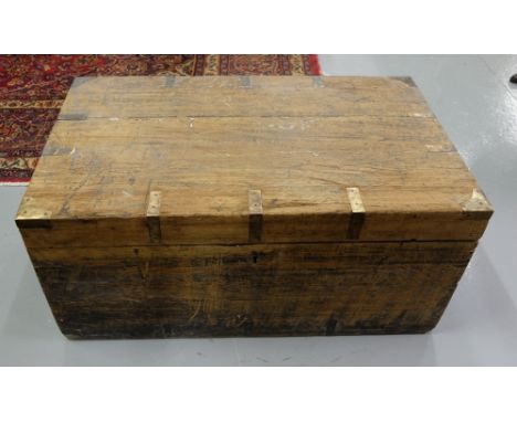 Antique Camphor Wood Trunk with metal carrying handles, brass bound corner mounts, 33”w x 20”d