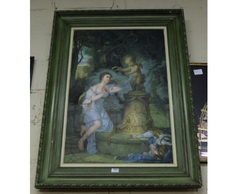 Large Oil on Canvas, classic lady in a blue cloak, greeting a cherub, signed E Anthony, large moulded green frame, 40”w x 68”