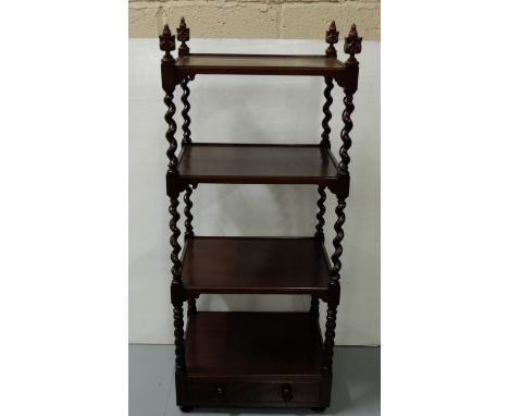 Mahogany 4 Tier Dumbwaiter with decorative finials to the top, above rope detailed shelf supports, lower drawer, 50”h x 21”w