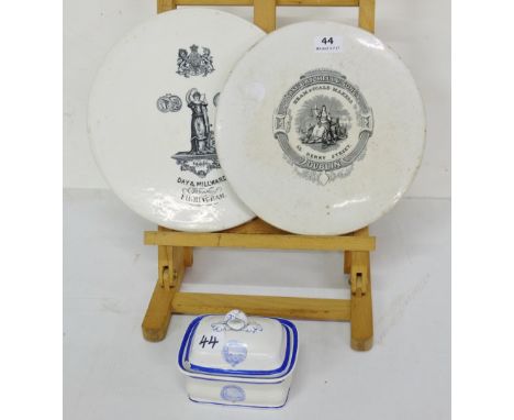 2 Victorian porcelain weighing scale plates - one stamped CATCHELL DUBLIN, one stamped DAY AND MILLWARD, BIRMINGHAM and a Cop