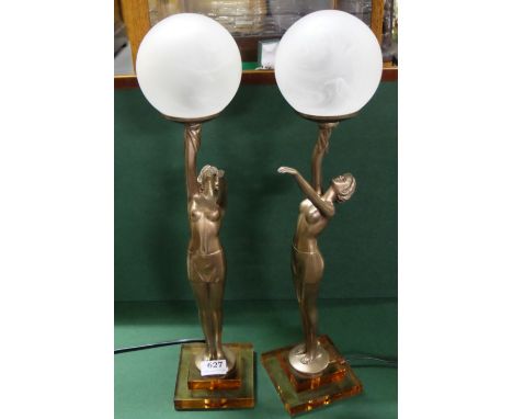 Matching Pair of electric Art Deco Table Lamps, figures of stretching ladies supporting glass light bowls, each 21”h 