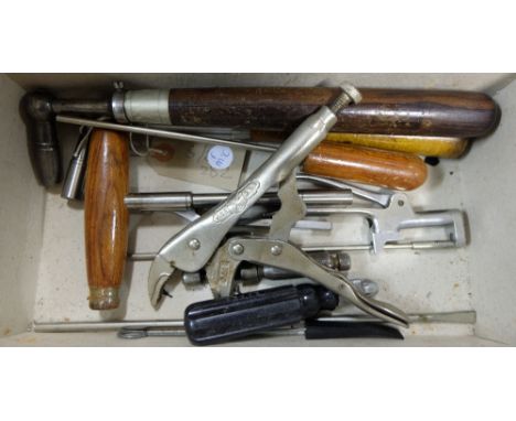 Group of hand tools, some with wooden handles, screwdriver, pliers etc