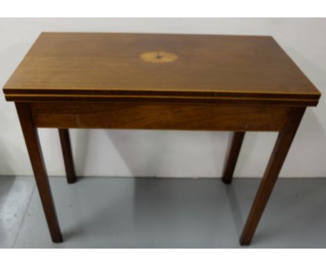 Georgian Mahogany Fold-over Card Table, the top inlaid with sunburst plaque, on square chamfered legs, 34”w x 34”h