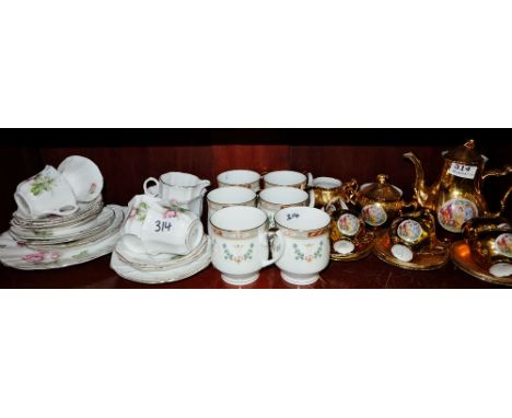 Gold coloured coffee set, set of 6 floral china mug & part floral teaset (3) (top shelf)