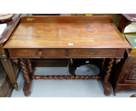 WMIV Mahogany Side Table, two apron drawers over bobbin turned side pillars and stretcher, 4 turned feet, 42”w x 31”h