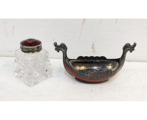 Norwegian silver to include a cut glass salt having a red guilloche enamel top, 4.5cm h and a red enamel salt in the form of 