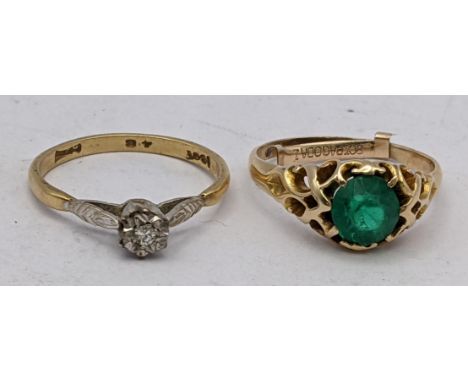 A 9ct gold diamond illusion set ring 2.2g together with a yellow metal ring inset with a green stone 3.5gLocation: 
