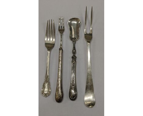 Mixed silver to include an Irish silver meat fork and a Victorian table fork 78.6g together with a silver pickle fork and a s