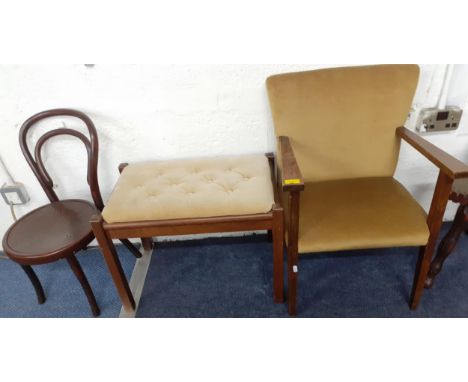 A penny chair, a child's open armchair and a retro teak stool with button upholstered seat, Location: BWR 