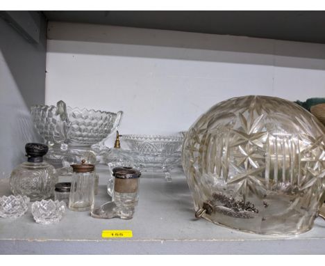 A selection of cut and pressed table glass to include Forstoria curled glass, silver topped dressing table bottle, cut glass 