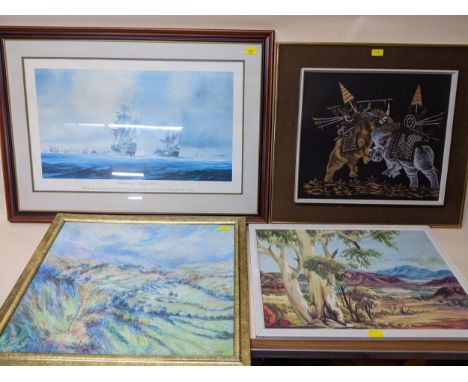 A group of four pictures to include a landscape abstract painting signed J Kille 1996, a signed limited edition print The Rev