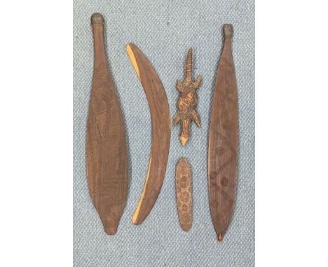 A small group of aboriginal items to include two Woomera spear throwers Location: 