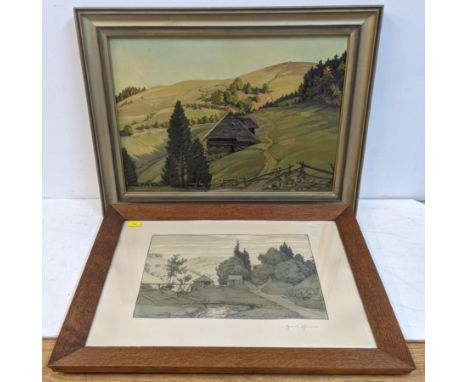 Richard Ackermann - German black forest landscape with a wooden house, oil on board signed, along with a Hans Thoma print, ti