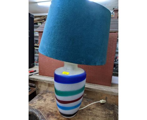 A frosted glass vase with coloured bands of blue, green, red, light blue and purple, with fabric shade, Location: 