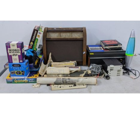 A mixed lot to include a GEC radio and a Pye Cambridge 9123 four track tape recorder, board games and music related posters, 