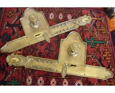 Pair of heavy and elaborate brass door plates and handles, with marks for W &amp; R Leggott Ltd London and Bradford 