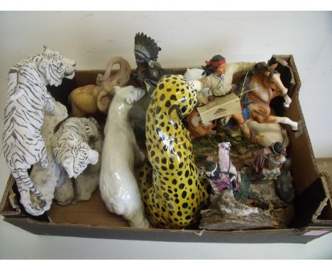 Large selection of ceramic and other decorative figures, mostly wildlife animals, Native Indians etc 