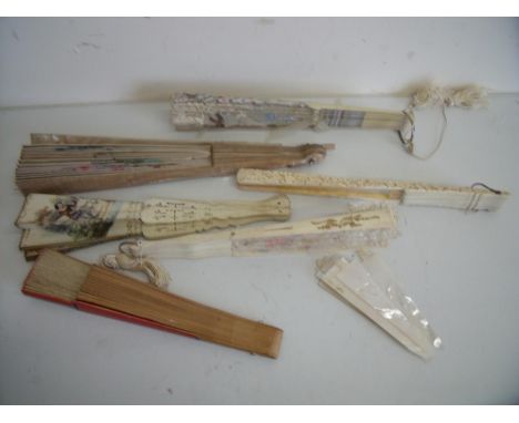 Large selection of various assorted fans, including Oriental, bone spines, faux ivory, Mother of Pearl etc 