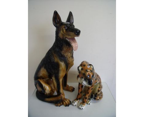 Extremely large ceramic figure of a German Shepherd (height 76cm) and another of a leopard (2)