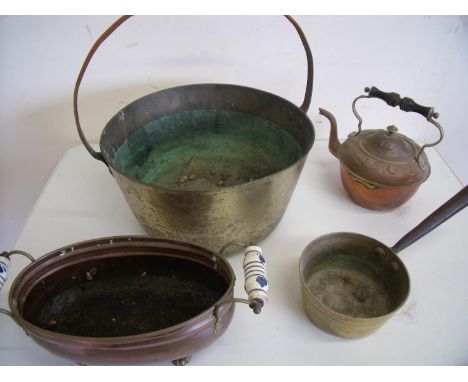 Victorian brass jam pan with iron strapwork handle, a brass sauce pan etc 