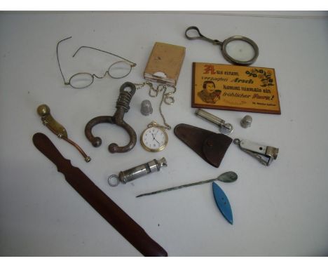 Box containing an interesting collection of various assorted collectables including The Metropolitan whistle, a Boatswain whi