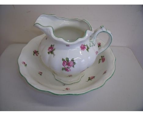 Early 20th C print ware jug and bowl, retailed by Harrods, Brompton Road, London, SW 