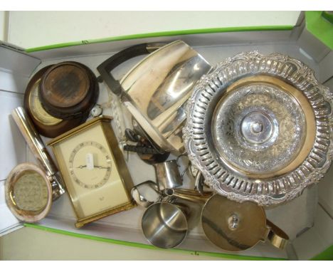 Silver plated tazza and other plated ware including jugs, teapots etc, small wall barometer and a Wren quartz mantle clock et