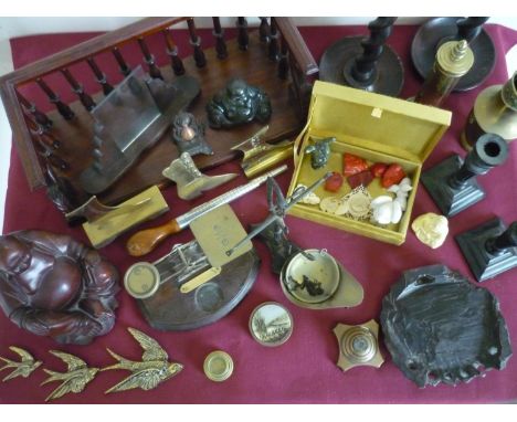 Mahogany wall shelf, carved wood figure of a Buddha, stone figures of Buddha's, barley twist candlesticks, postage scales etc