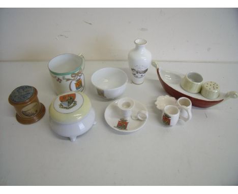 Selection of various Scarborough souvenirs including ceramic ware, Crested ware, Mauchline ware, pin cushion etc 