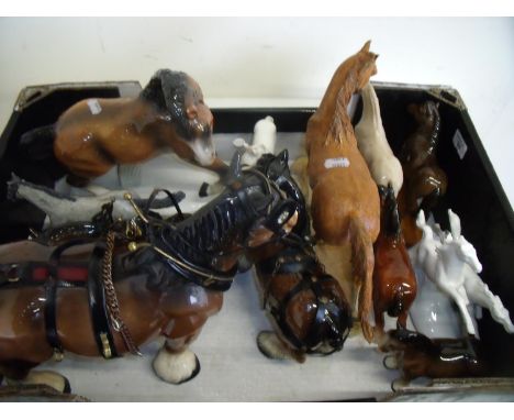 Selection of various assorted ceramic and other figures of horses in one box 